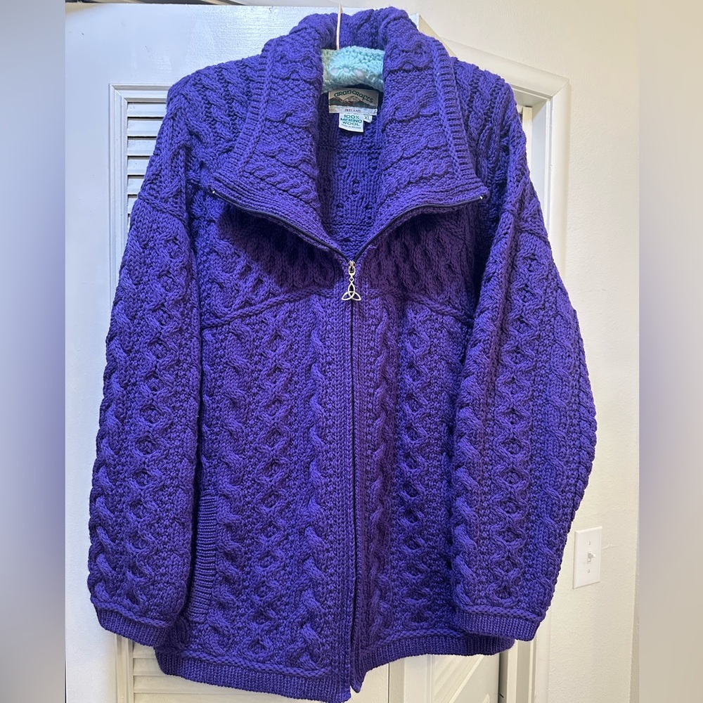 Aran Crafts Chunky Cable Knit Irish Merino Wool Zip Fisherman Sweater Men XL